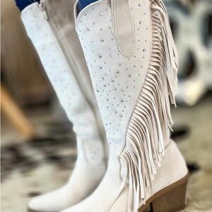 Fringe White Knee-High Boots